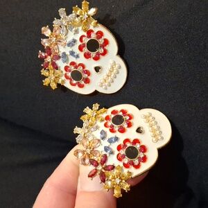 New Oversized Dia De Los Muertos Rhinestone Sugar Skull Earrings.
